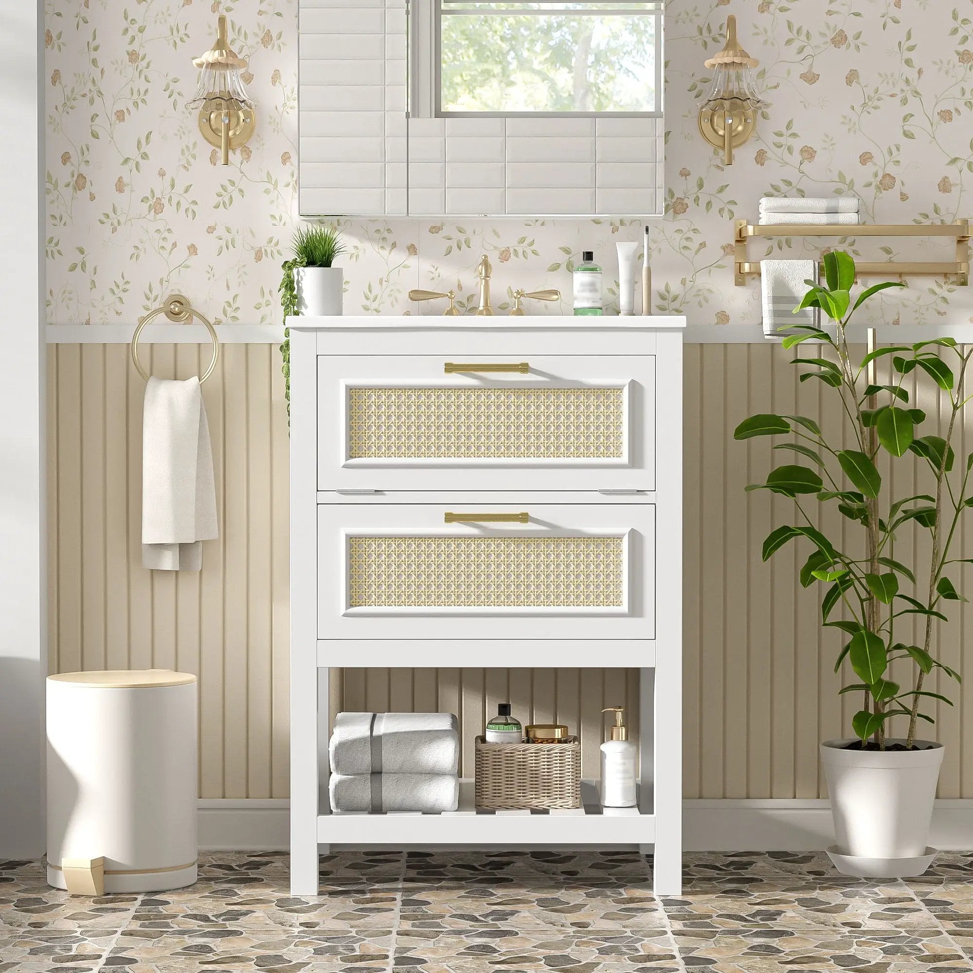 Modern Bathroom Vanity With Integrated Sink, Cabinet With 1 Deep Drawer And 1 Tip-Out Drawer by Unique Piece Furniture
