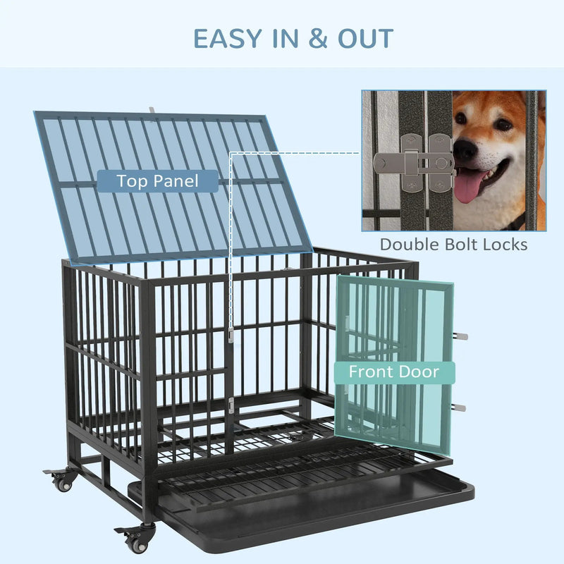 Pawhut - 36" Heavy Duty Dog Crate Metal Cage Kennel With Lockable Wheels, Double Door And Removable Tray - Gray by HouseOfZazla
