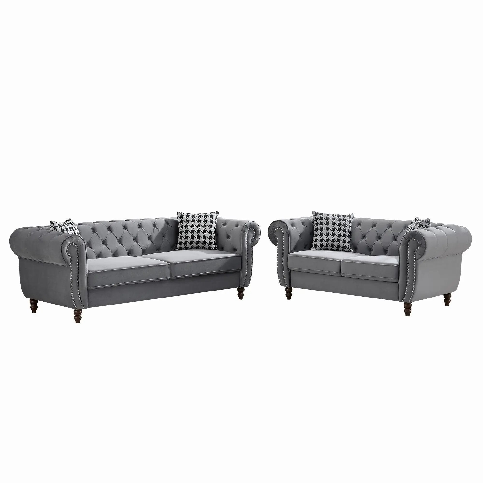 Chesterfield 3 And 2 Seater Upholstery Sofa With Roll Armrest & Nailhead Fabric Couch by HouseOfZazla
