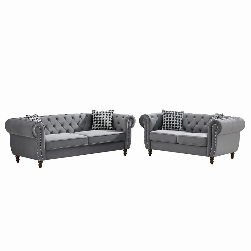 Chesterfield 3 And 2 Seater Upholstery Sofa With Roll Armrest & Nailhead Fabric Couch by HouseOfZazla