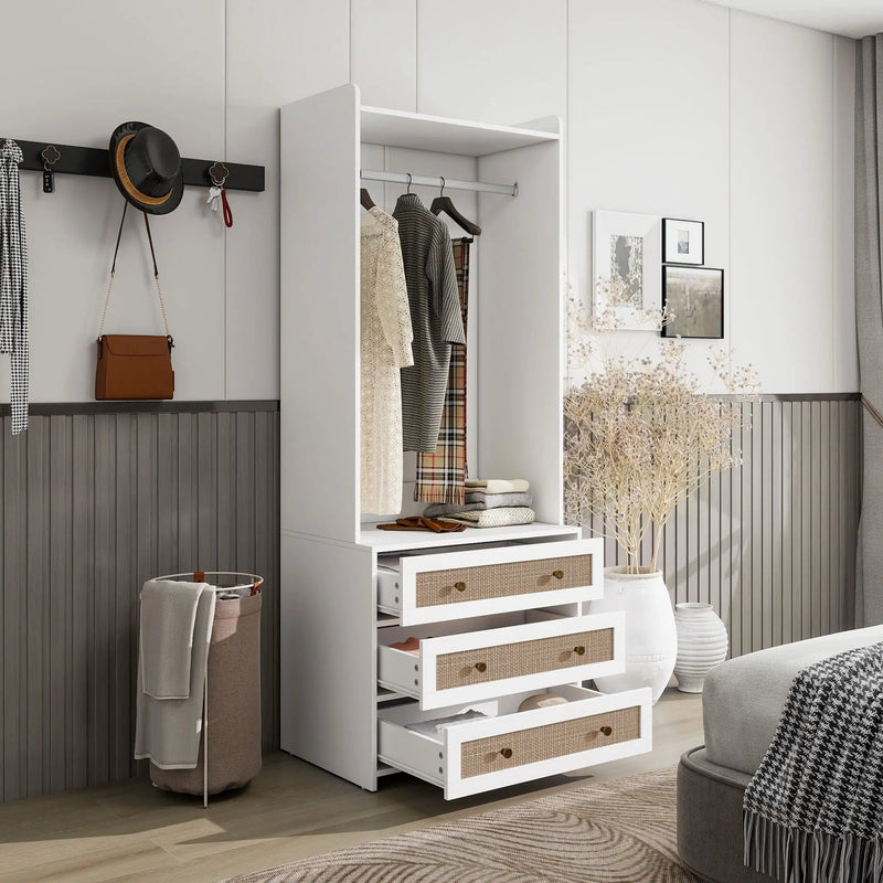 Wardrobe With 3 Drawers High Wardrobe Armoire With Rattan For Living Room Organizer - White by HouseOfZazla