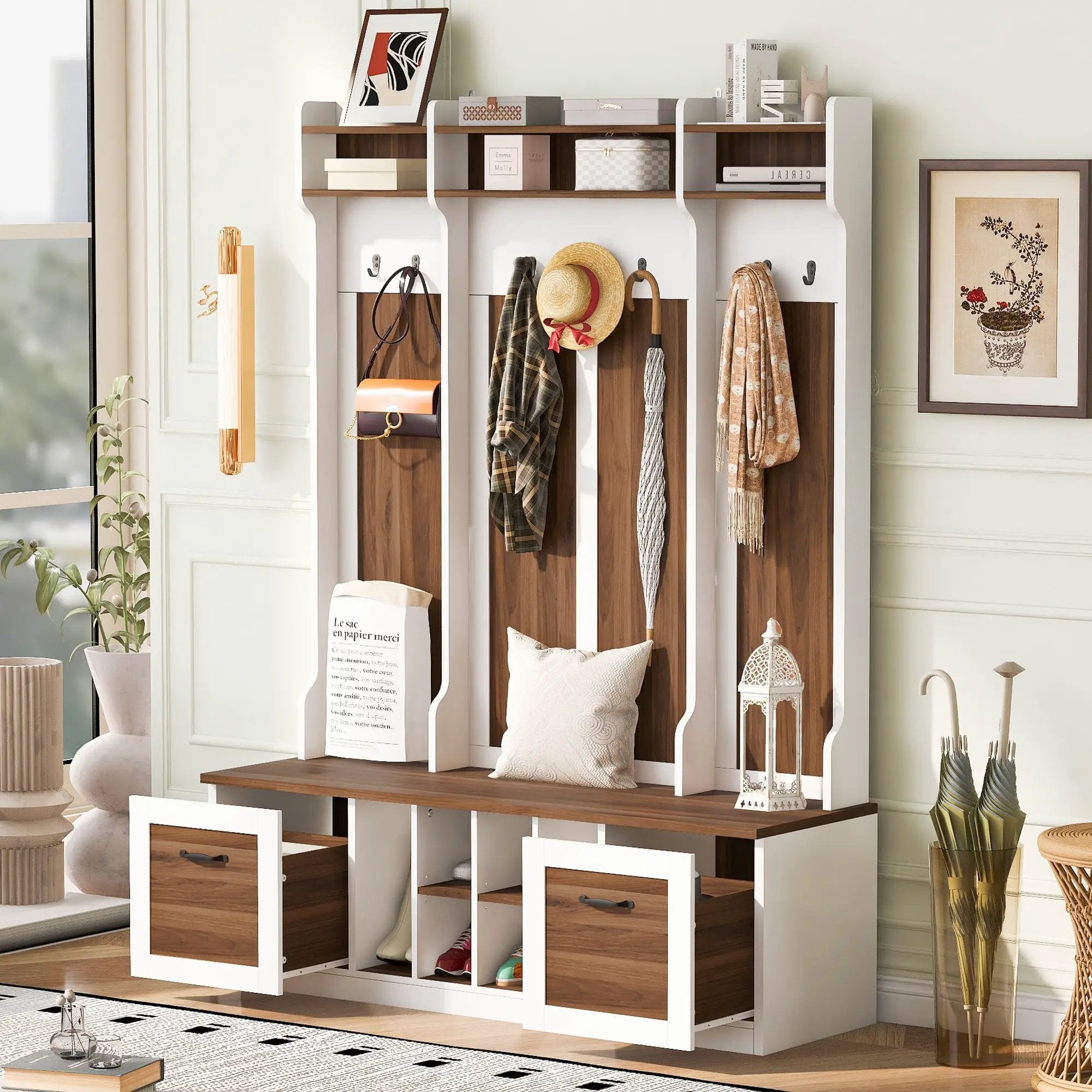 5 In 1 Entryway Bench With Coat Rack, 7 Sturdy Hooks, 2 Spacious Drawers And Adjustable Shelves by HouseOfZazla