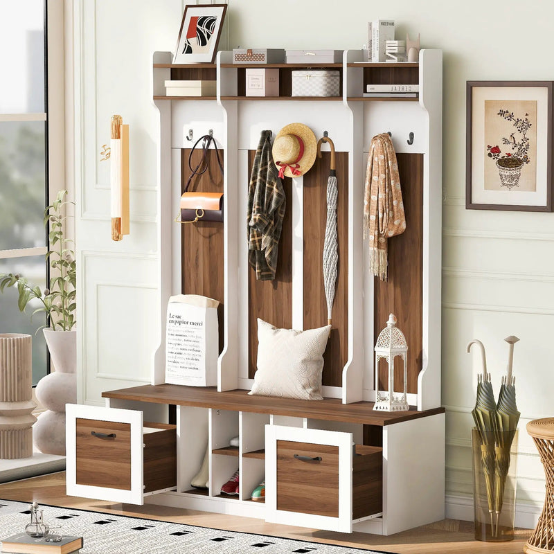 5 In 1 Entryway Bench With Coat Rack, 7 Sturdy Hooks, 2 Spacious Drawers And Adjustable Shelves by HouseOfZazla
