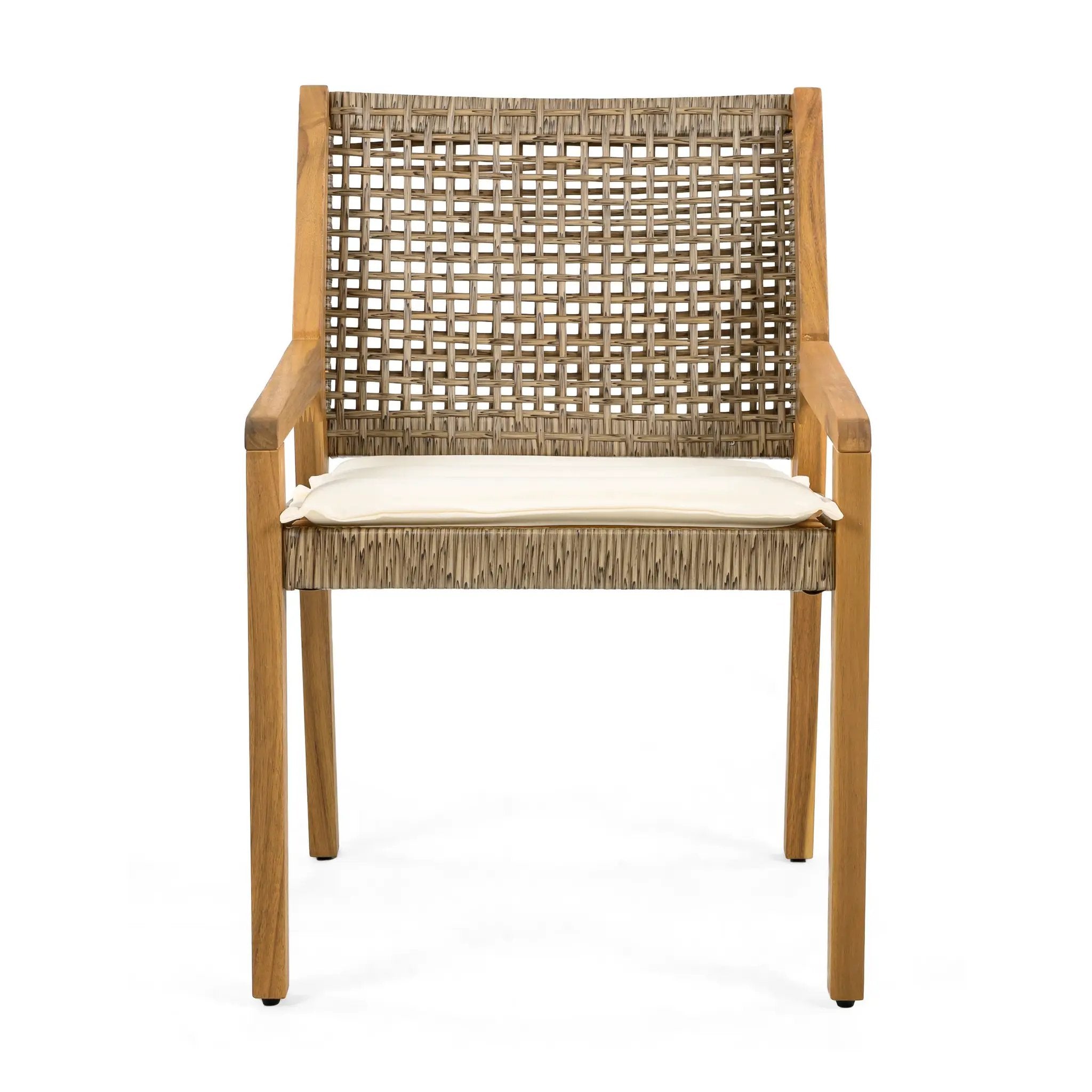 Outdoor Dining Chair Set of 4 - Acacia Wood and Wicker with Cream Cushion by HouseOfZazla