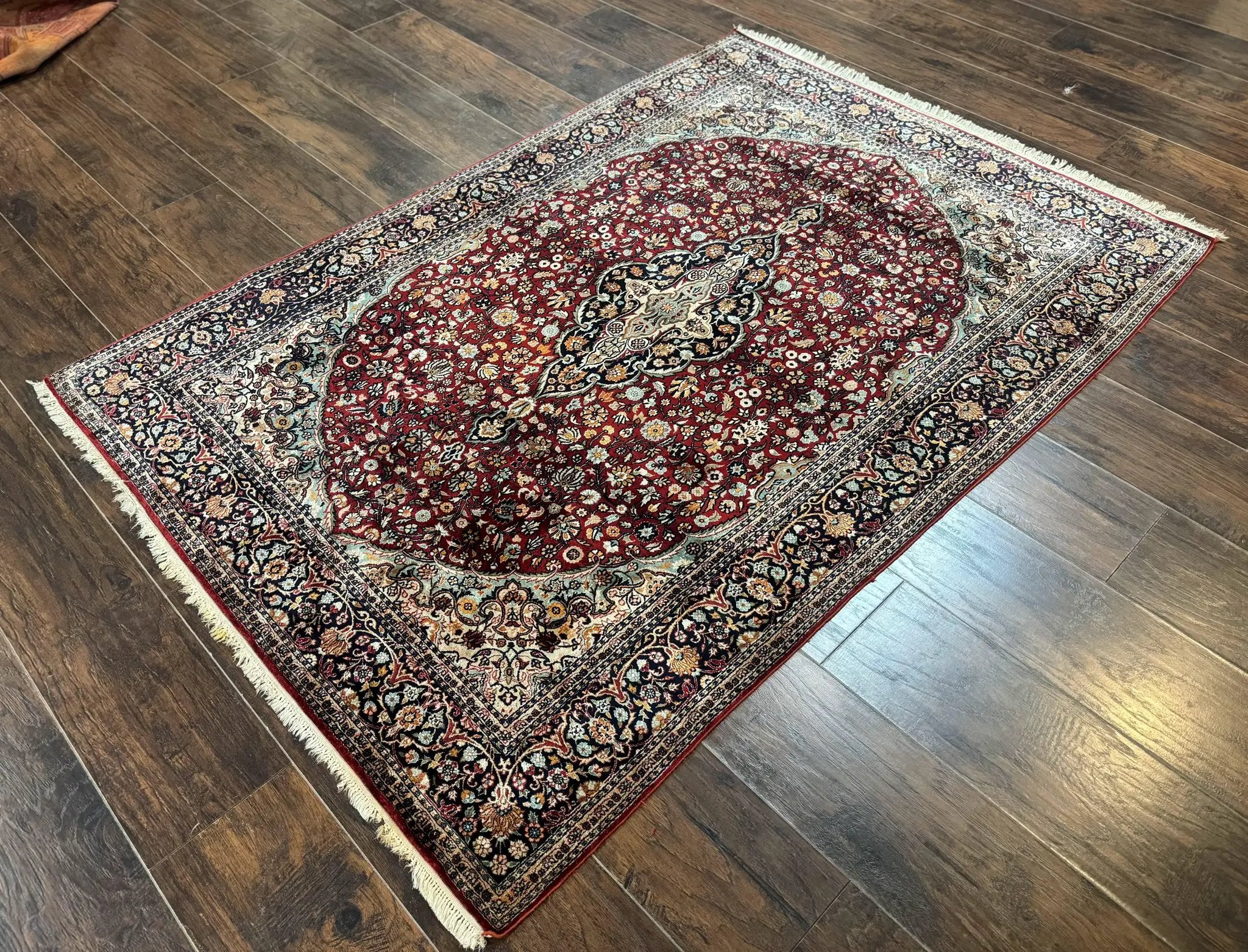 4x6 Silk Rug, Very Fine 650 KPSI, Silk Persian Carpet, Red, Floral Medallion, Sino Persian by Jewel Rugs