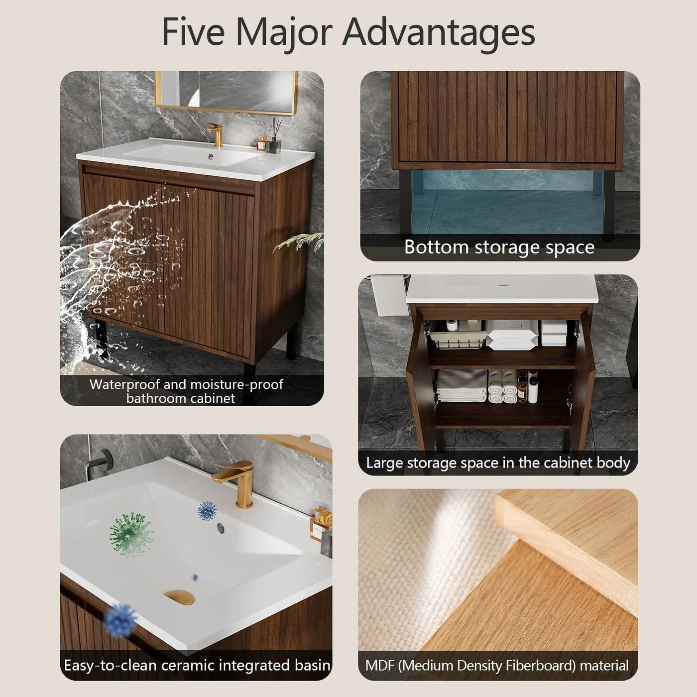 Bathroom Vanity With Ceramic Sink, Floor-Standing Design, Soft-Closing Drawers by HouseOfZazla