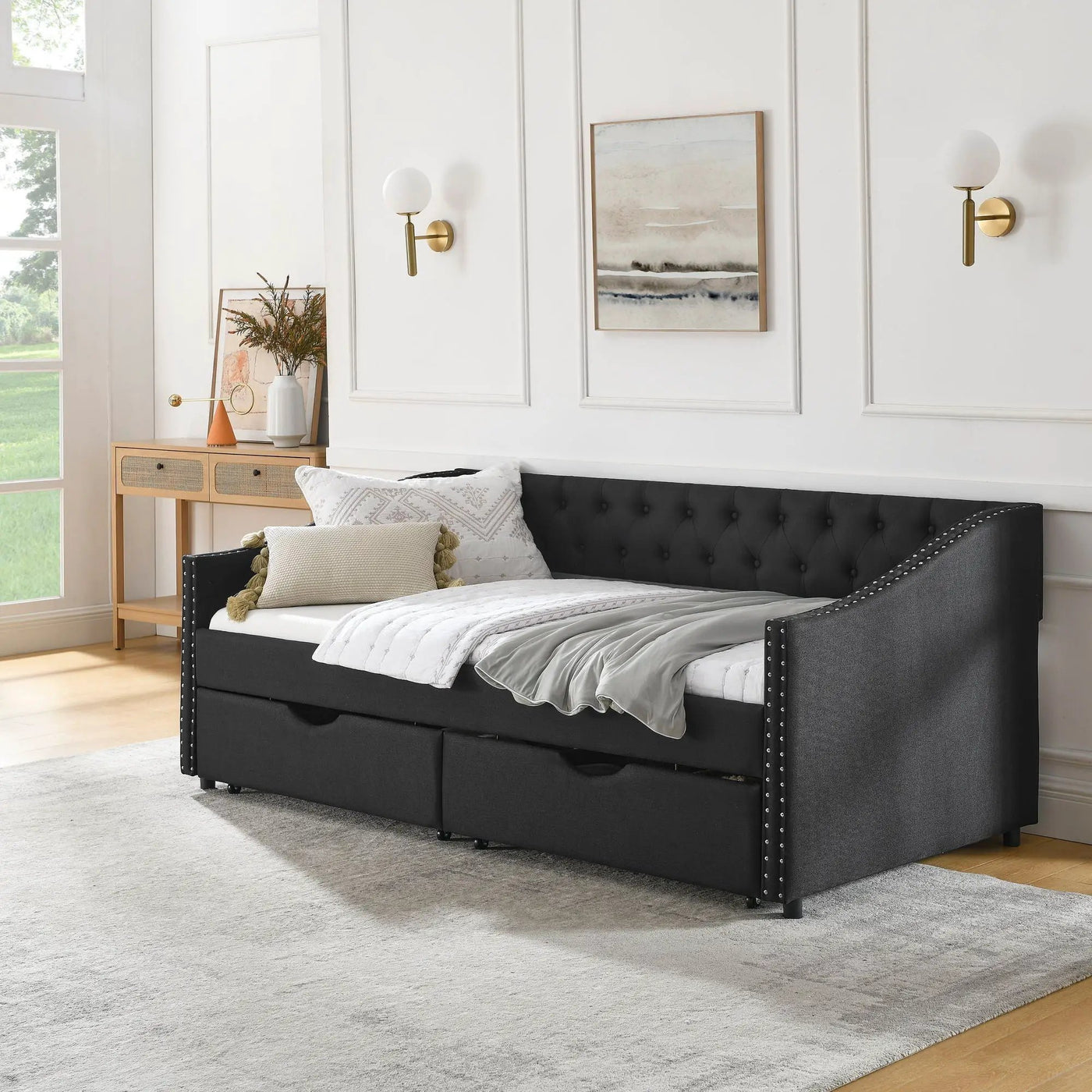 Upholstered Tufted Daybed With 2 Drawers, Waved Arms by Unique Piece Furniture