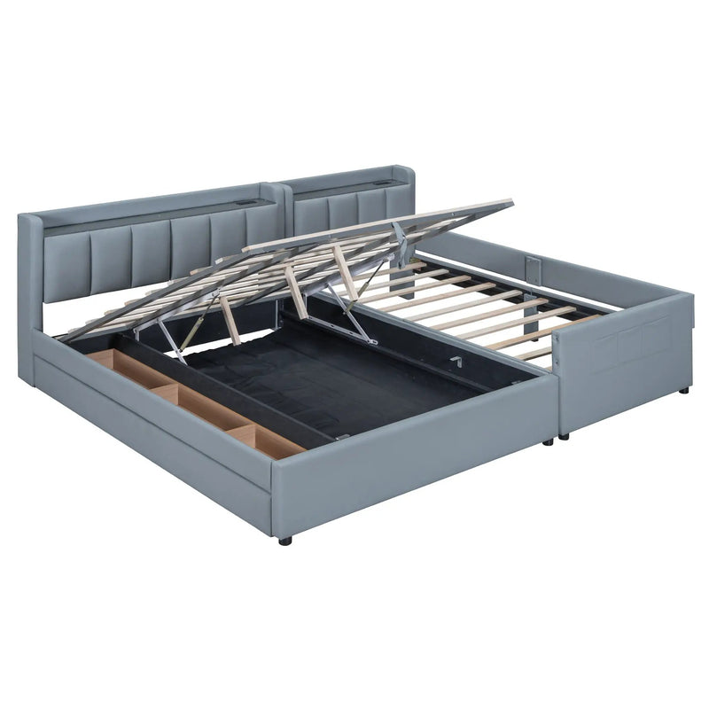 Upholstered Mother & Child Bed With Hydraulic Storage System, Drawer Box, Bedhead Storage Shelf And 2 Pairs Of Sockets & USB Ports by HouseOfZazla