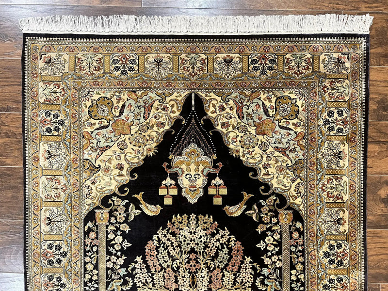 Wonderful Sino Persian Silk Rug 4x6, Tree of LIfe Design, Masterpiece 575 KPSI, Birds, Prayer Rug, Black, Silk on Silk by Jewel Rugs
