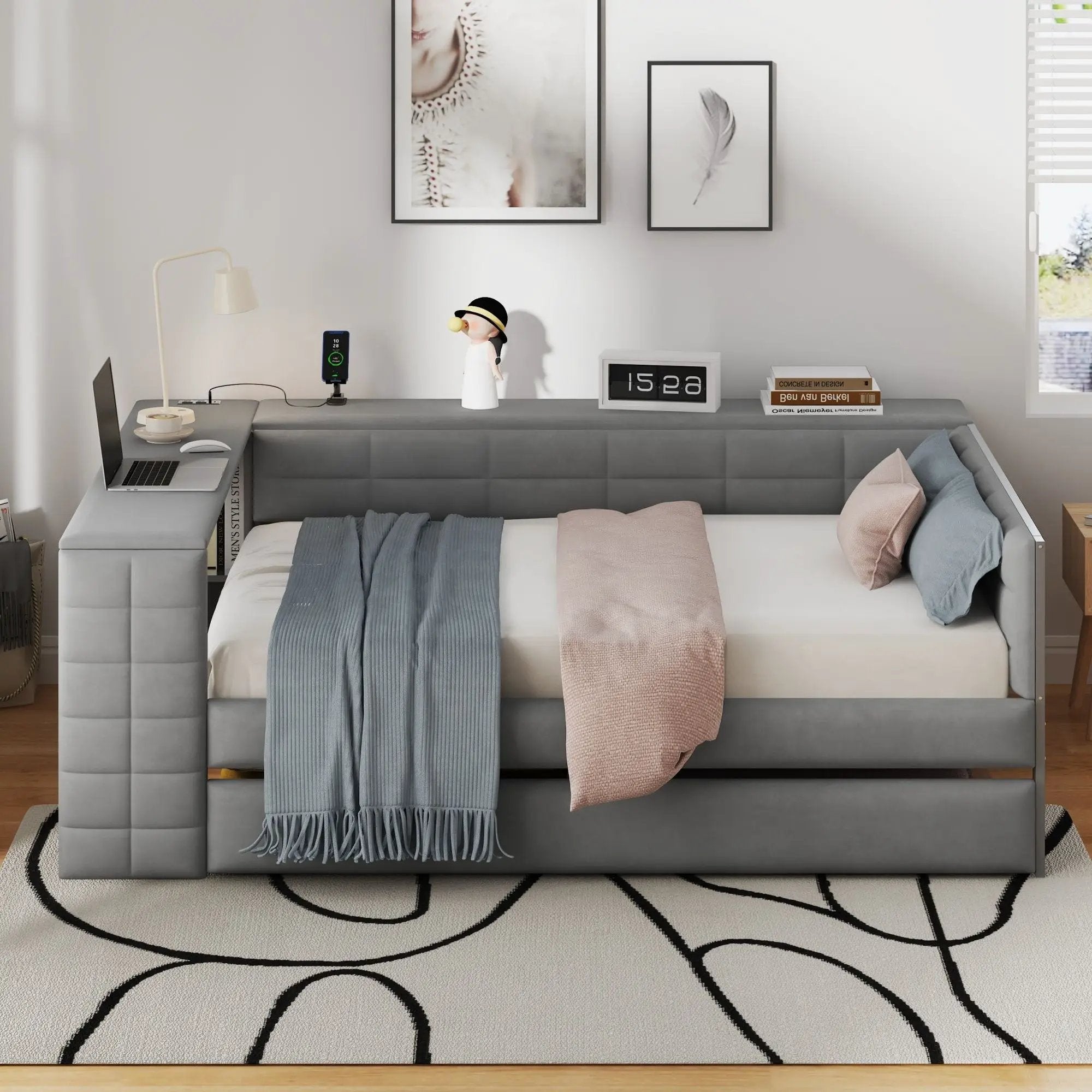 Upholstered Platform Bed With Storage Shelves, Desk, Charging Station And Trundle by Unique Piece Furniture