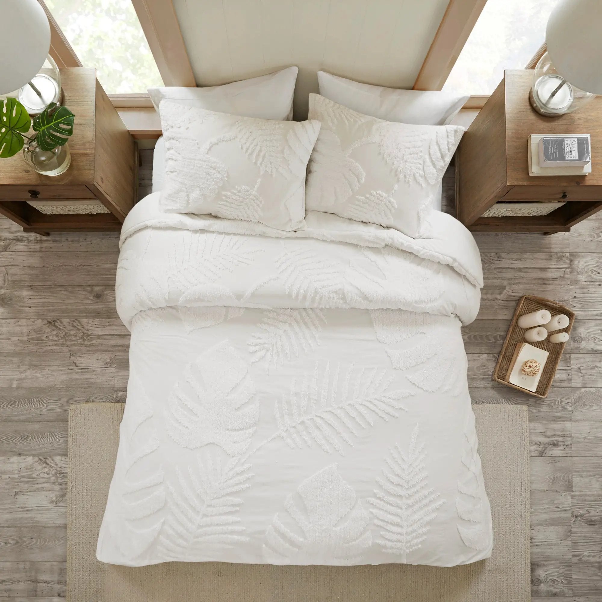 3 Piece Tufted Cotton Chenille Palm Comforter Set Off-White Full/Queen by HouseOfZazla