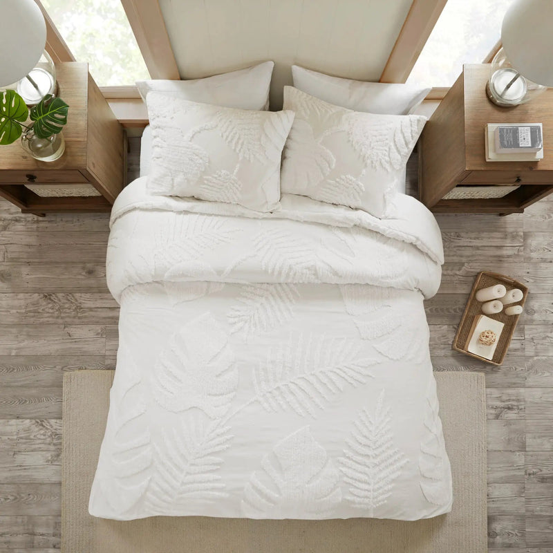 3 Piece Tufted Cotton Chenille Palm Comforter Set Off-White Full/Queen by HouseOfZazla
