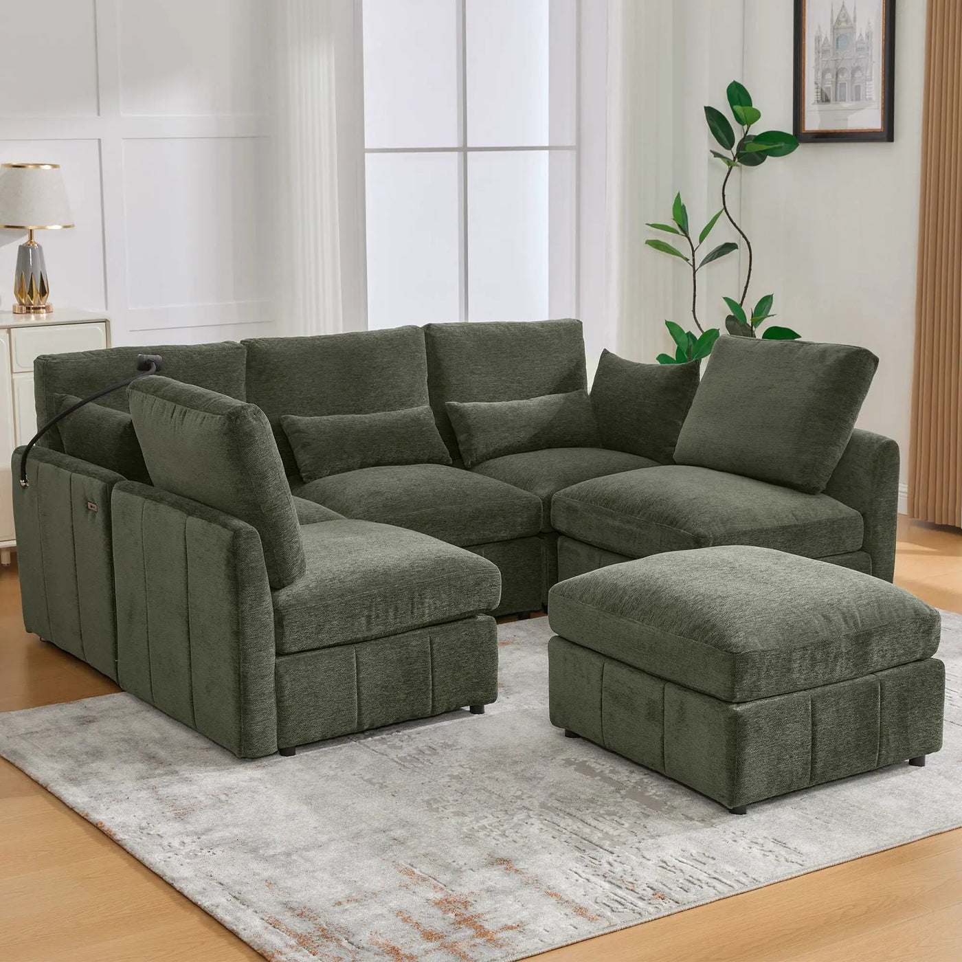 Modern Modular U-Shaped Sofa Bed With Movable Ottoman, USB Ports, Phone Holder by HouseOfZazla
