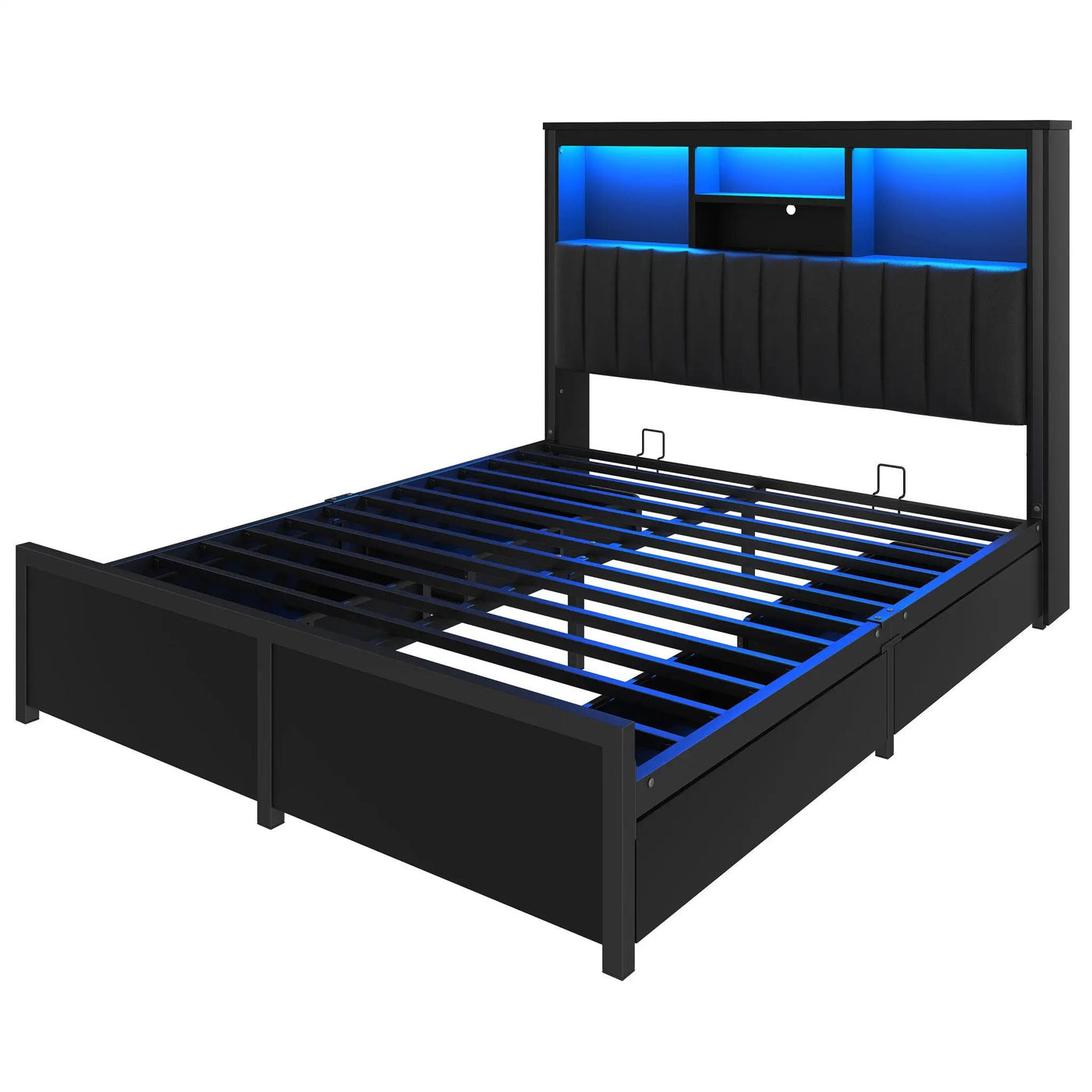 Bed Frame With High Storage Headboard, LED Light And Charging Station, 4 Storage Drawers by Unique Piece Furniture