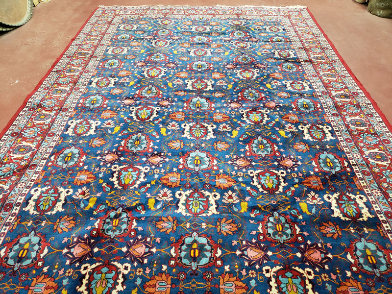 Rare Antique Persian Veramin Carpet, Mina-Khani Pattern, Blue, Red, Ivory, 7x11 ft, Hand-Knotted, Wool by Jewel Rugs