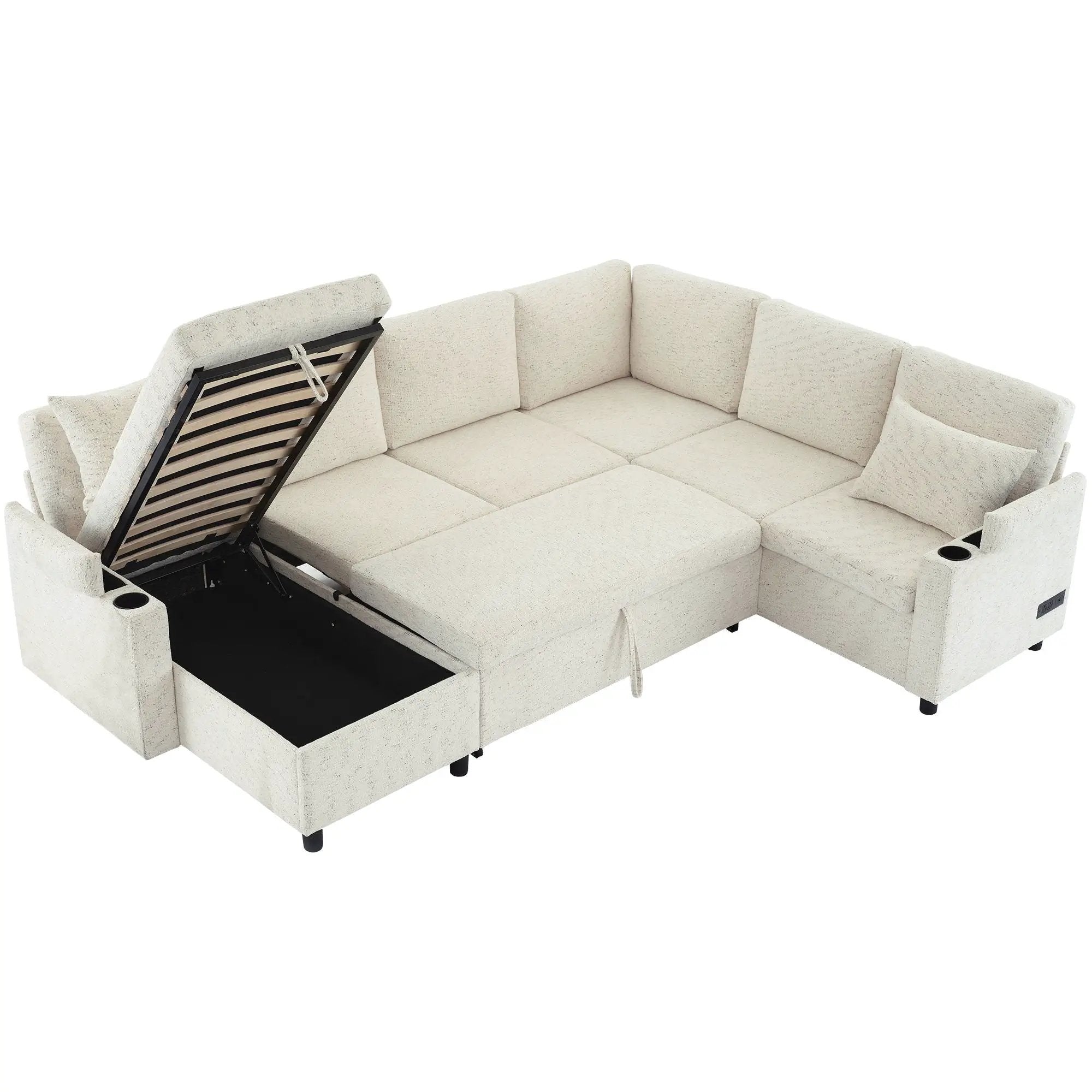 U-Shaped Sectional Sleeper Sofa With Ample Storage Space, 2 Cup Holders And Charging Ports For Living Room by HouseOfZazla