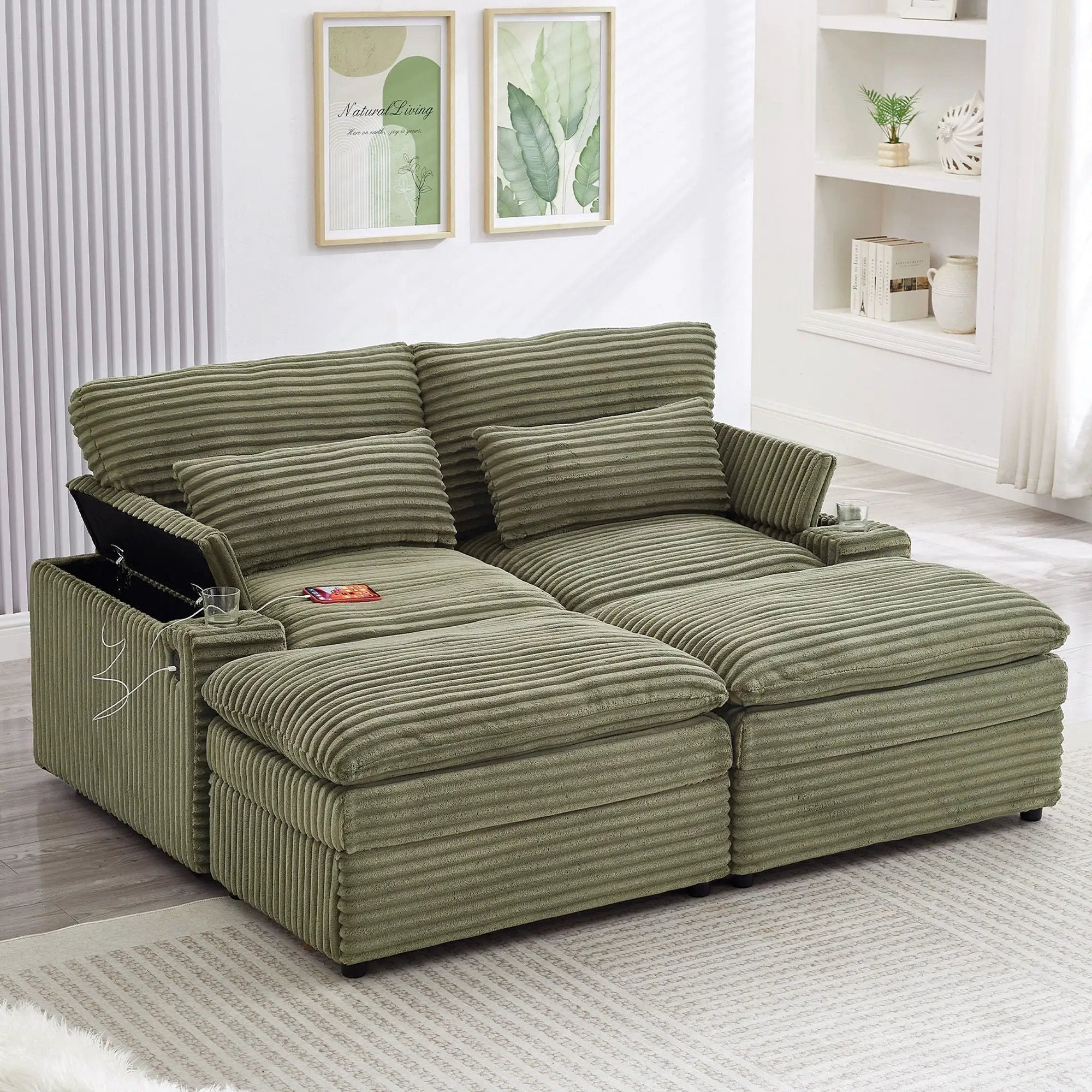 Convertible Loveseat Sofa With Storage, USB Ports, Cup Holders by HouseOfZazla