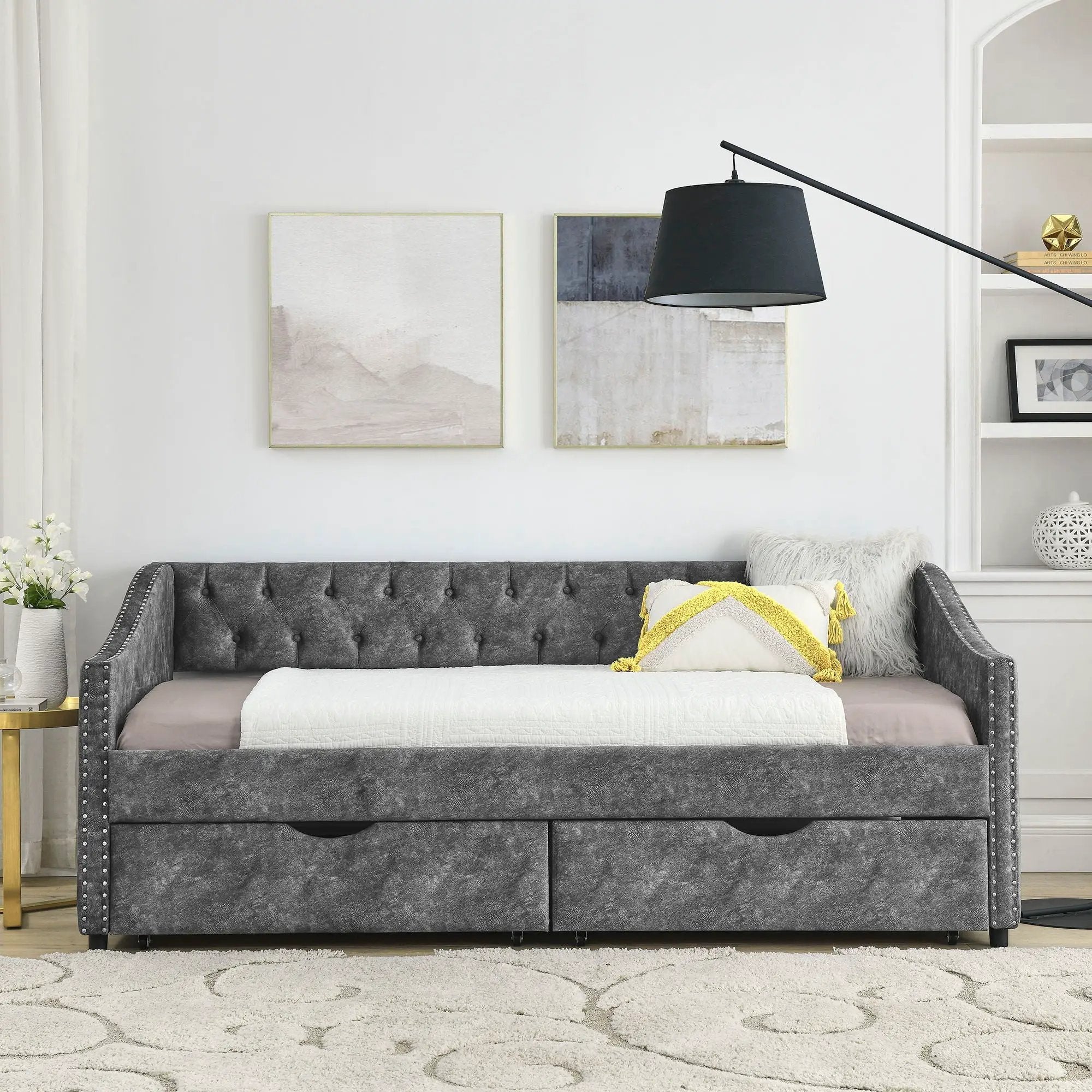 Upholstered Tufted Daybed With 2 Drawers, Waved Arms