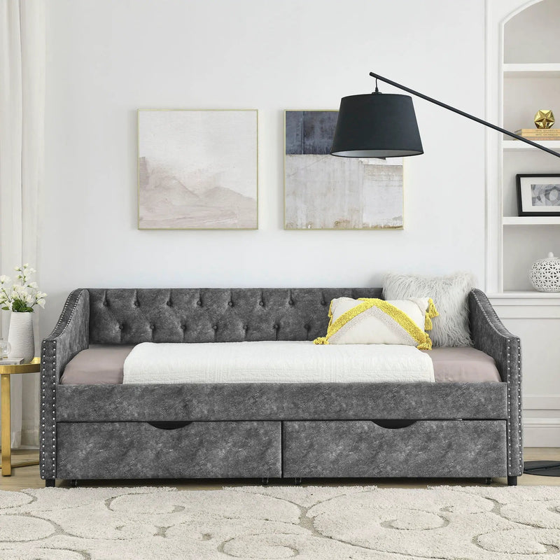 Upholstered Tufted Daybed With 2 Drawers, Waved Arms