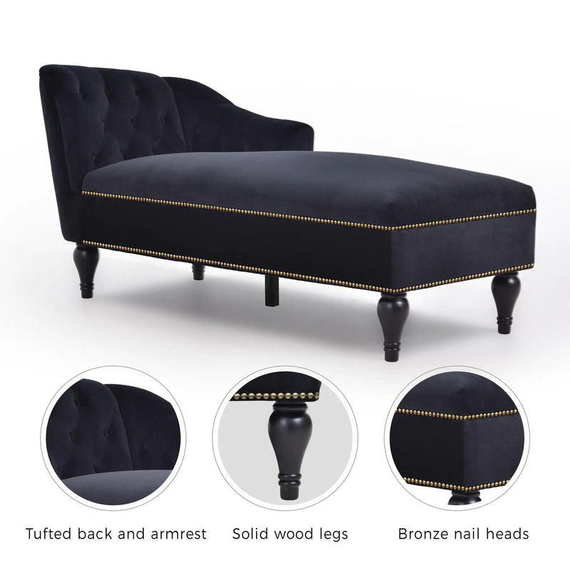 Velvet Chaise Lounge, Button Tufted Right Arm Facing Lounge Chair With Nailhead Trim For Living Room - Black by HouseOfZazla