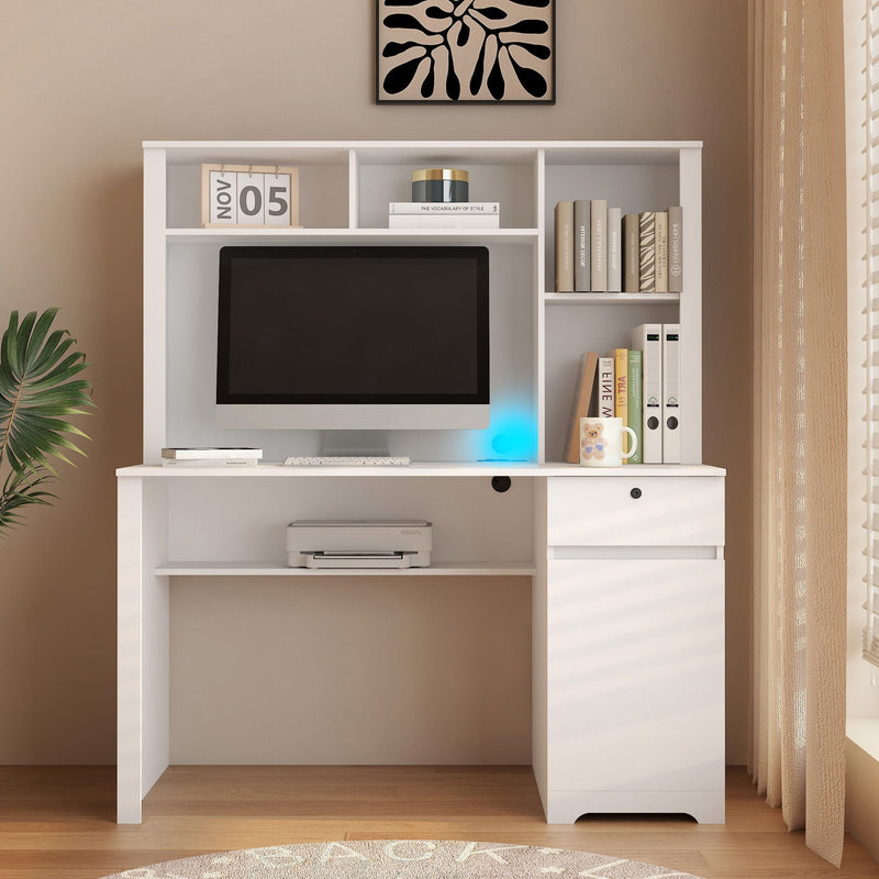 Computer Desk With Hutch & Bookshelf, Wood Executive Desk Teens Student Desk Writing Laptop Home Office Desk With Drawers, 3 Ac Outlets And 2 USB Charging Ports, Study Laptop Table For Home - White by Unique Piece Furniture
