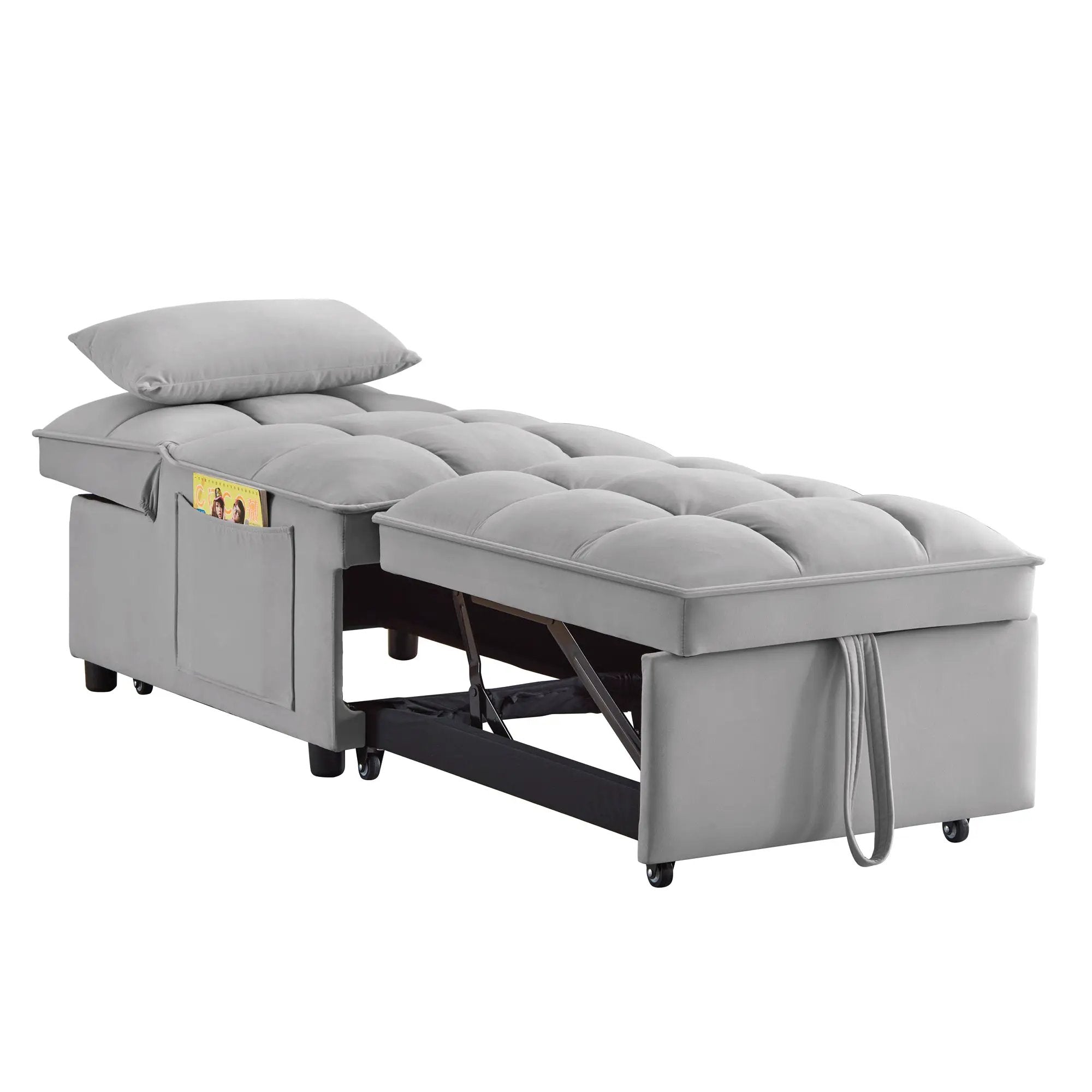 4 in 1 Multi-Function Single Sofa Bed with Storage Pockets Gray by HouseOfZazla