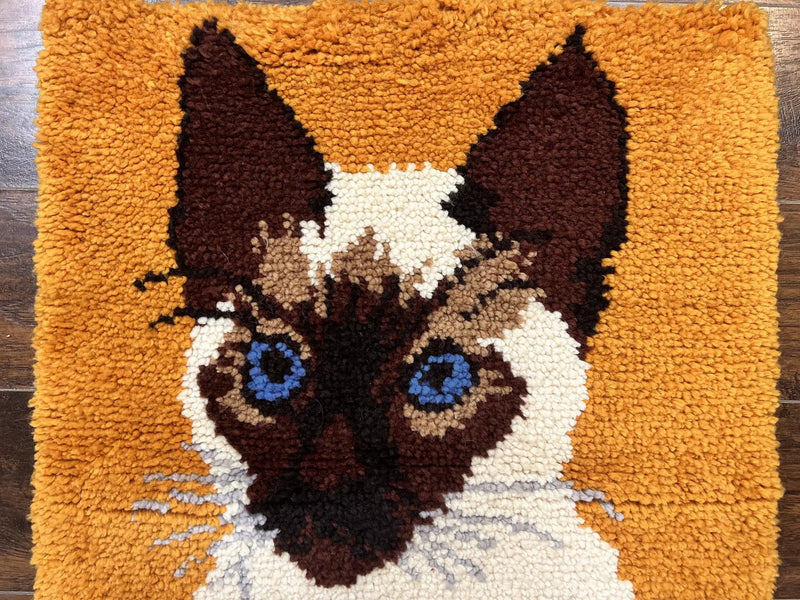 Small Shag Rug with Siamese Cat Pictorial, 2x3 ft Rug, Wool, Vintage, Danish Rya Shag Rug, Orange by Jewel Rugs