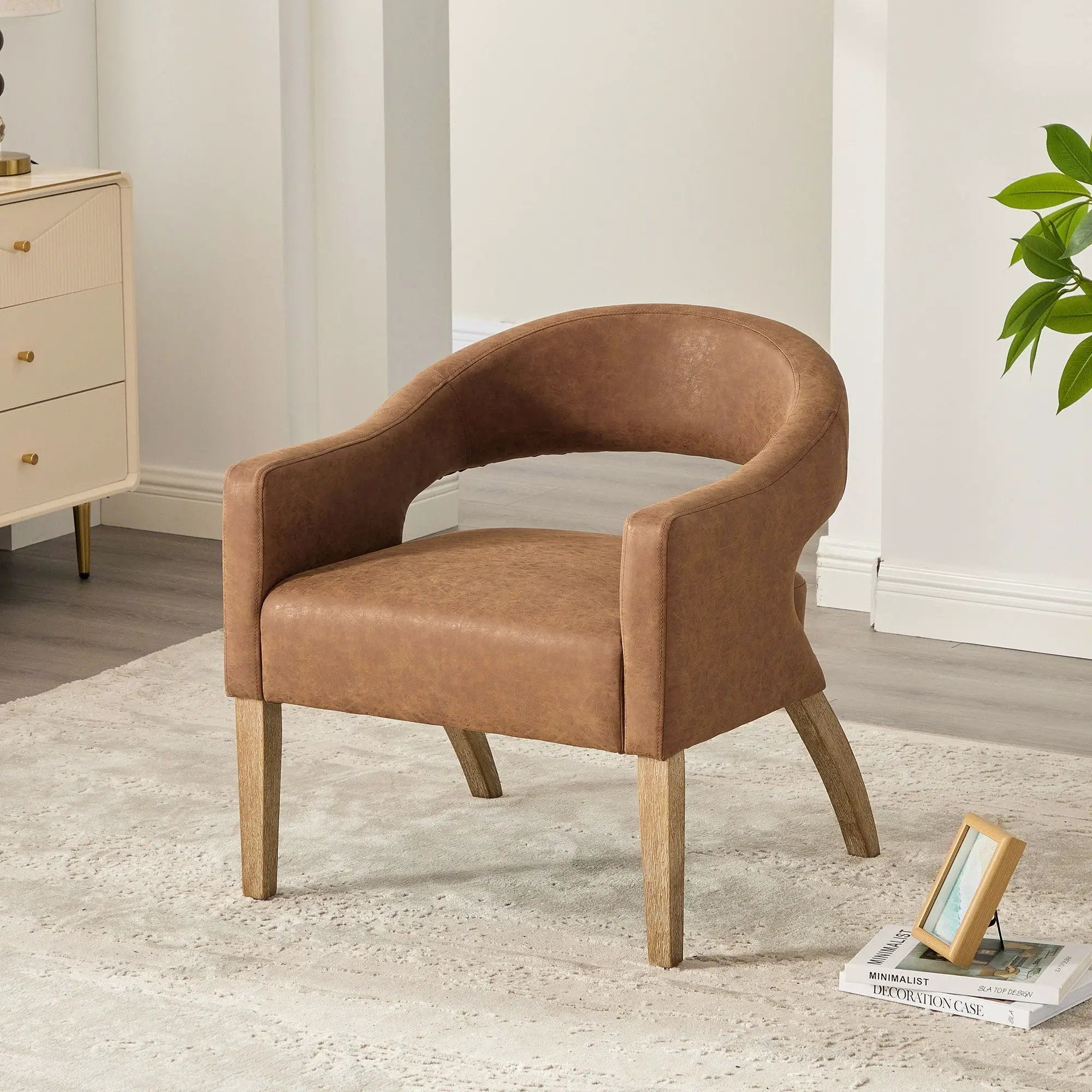 Upholstered Open Back Armchair With Weathered Rubberwood Legs by Unique Piece Furniture