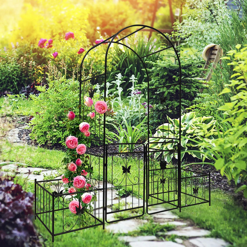 Metal Garden Arch With Gate High Climbing Plants Support Rose Arch Outdoor - Black by HouseOfZazla