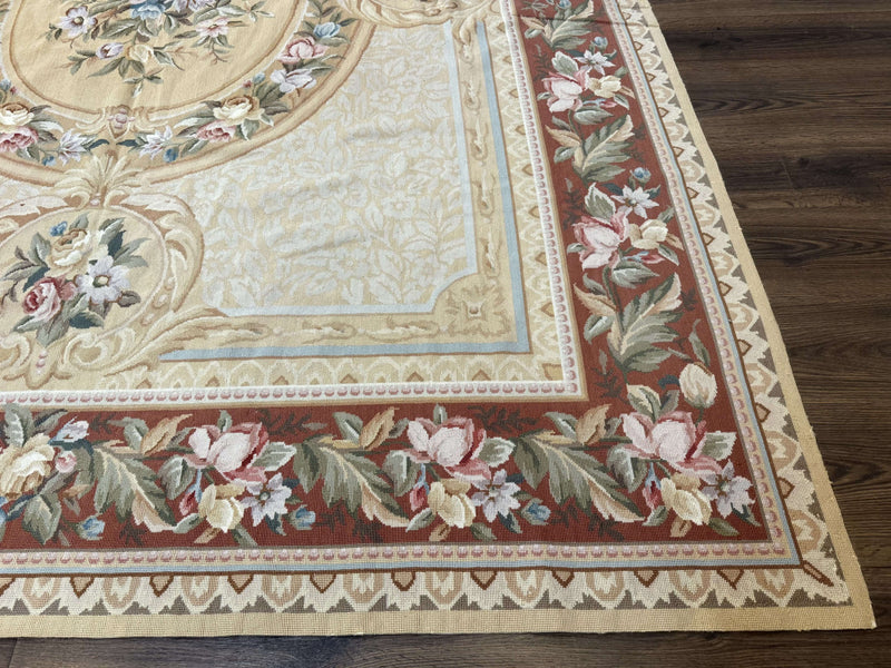 Needlepoint Rug 8x10, Aubusson Savonnerie European Carpet, Floral, Elegant by Jewel Rugs