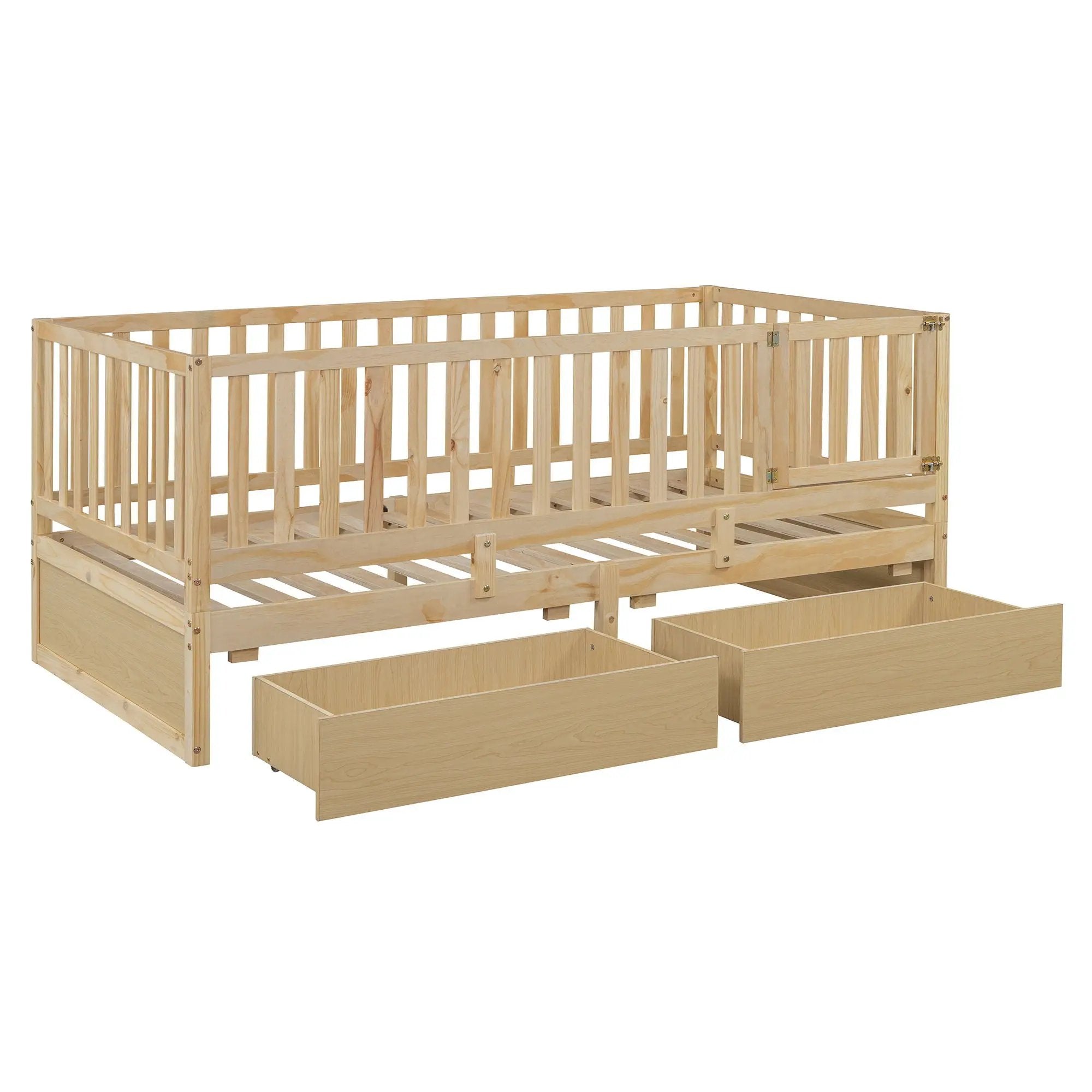 Daybed With Fence Guardrails And 2 Drawers, Split Into Independent Floor Bed & Daybed by HouseOfZazla
