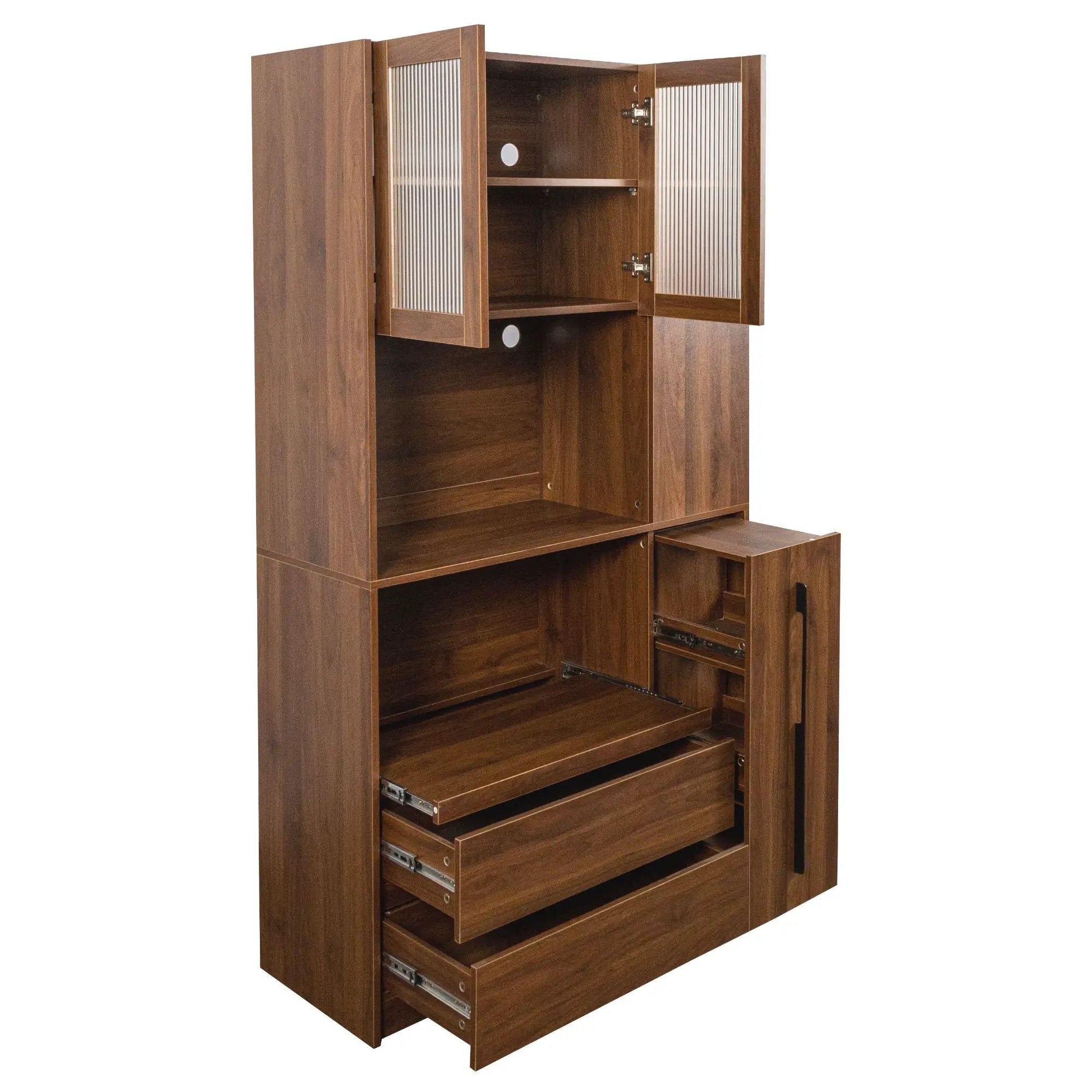 Tall Kitchen Pantry Cabinet With 4 Tier Side Shelf, 2 Drawers, Freestanding Food Hutch With Microwave Stand For Dining Room - Walnut by HouseOfZazla