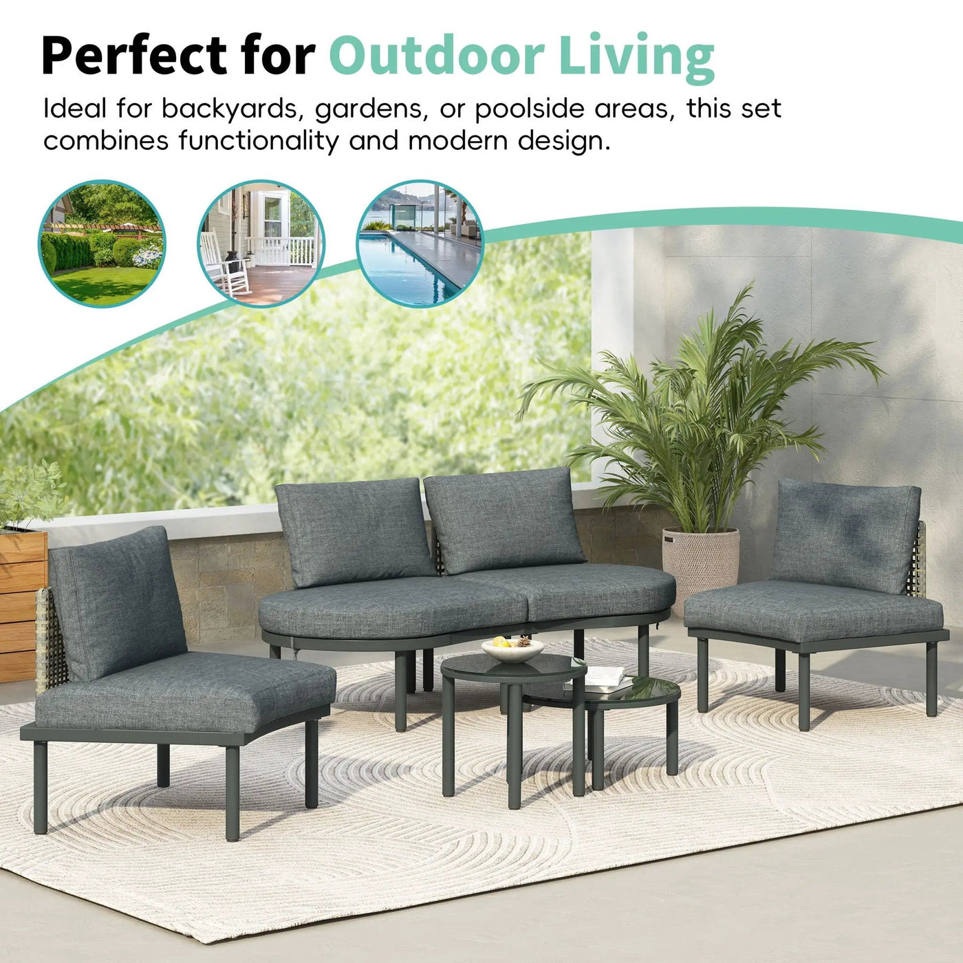 6 Piece Patio Set, Half Moon Outdoor Sectional Sofa With 2 High Low Coffee Tables, 4 Pillows & Cushions by Unique Piece Furniture