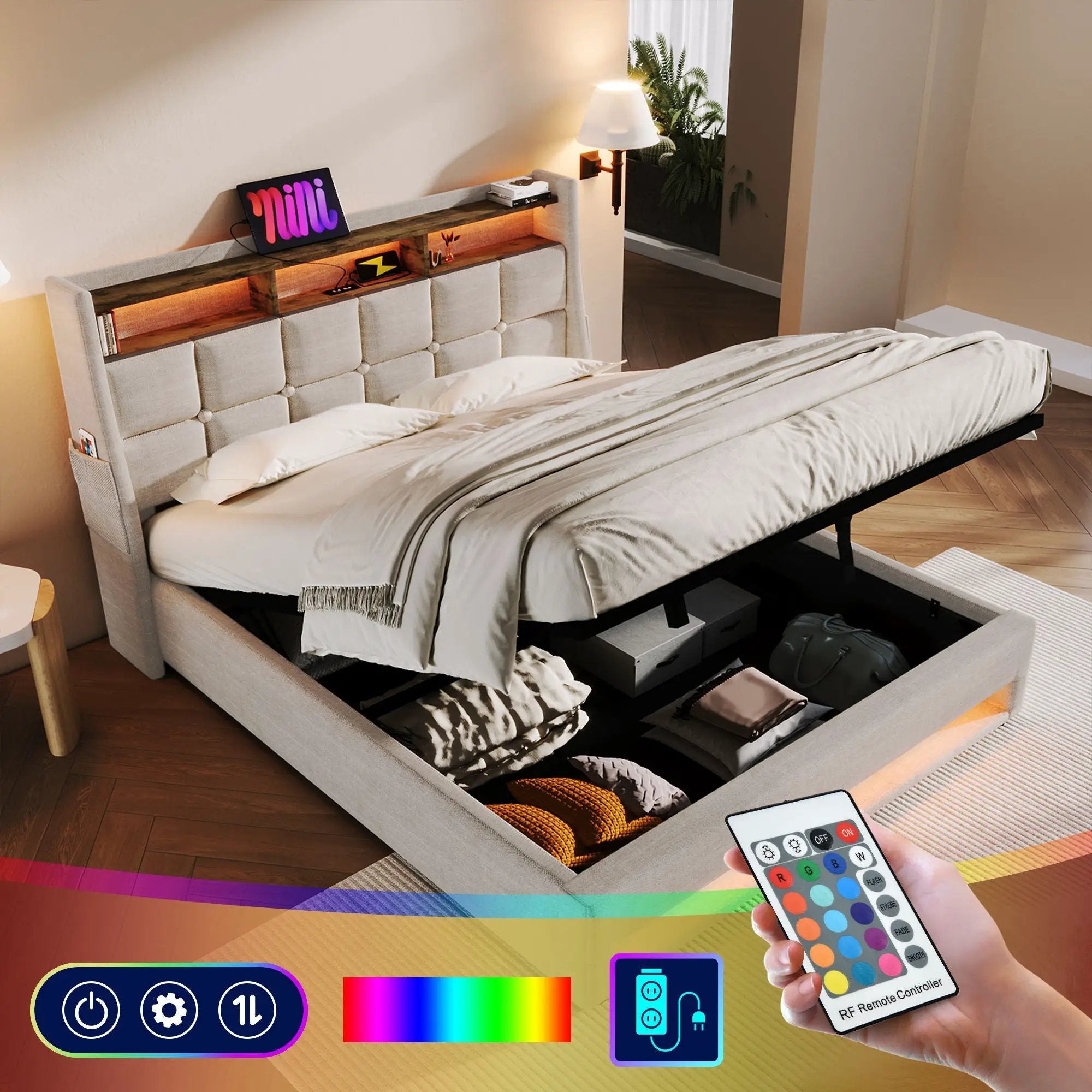 Upholstered Platform Bed With A Hydraulic Storage System, LED And USB Charging (Without Mattress) by HouseOfZazla