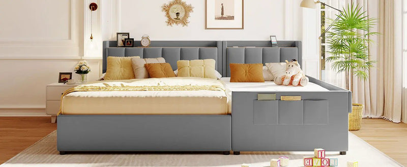 Upholstered Mother & Child Bed With Hydraulic Storage System, Drawer Box, Bedhead Storage Shelf And 2 Pairs Of Sockets & USB Ports by HouseOfZazla