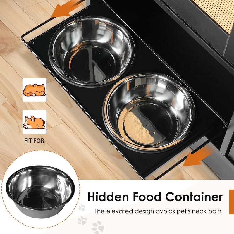 Feeding Station with 2 Lockers and Elevated Bowls Black by HouseOfZazla