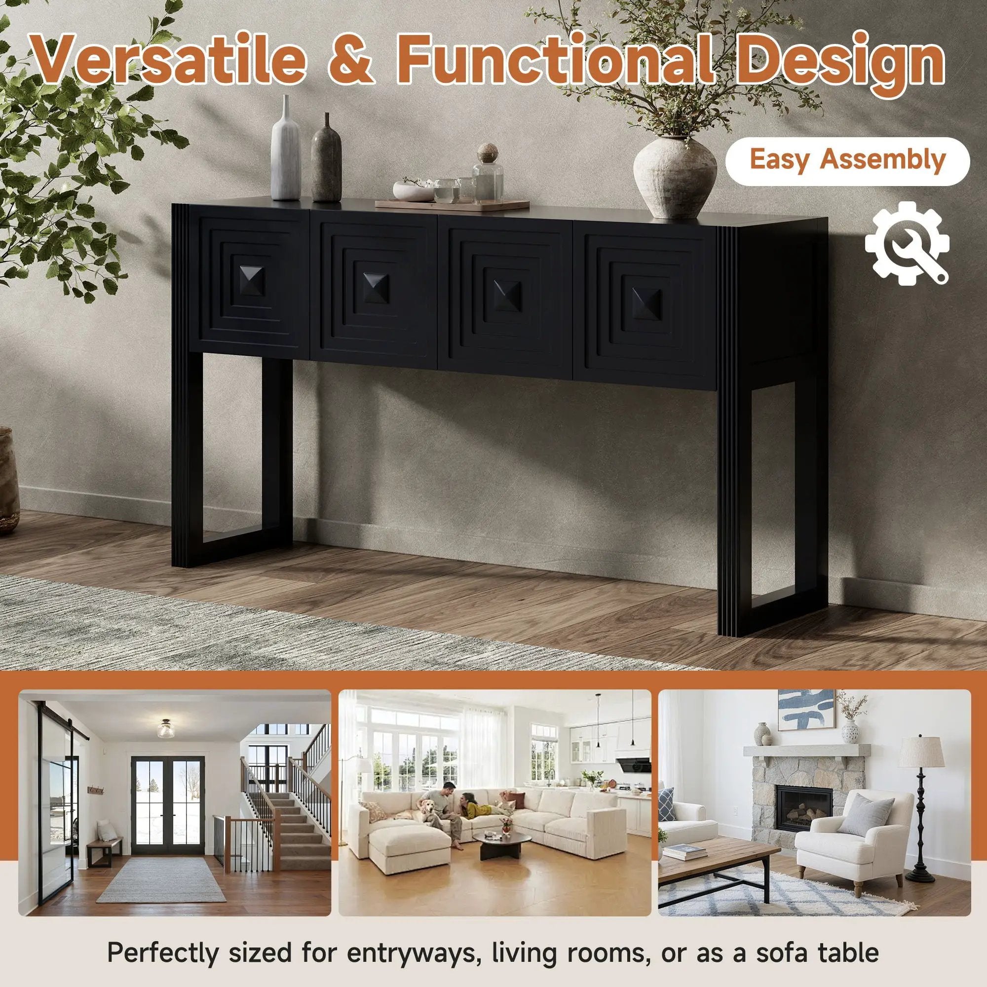 Geometric Carved Console Table With 3 Soft Close Drawers by HouseOfZazla