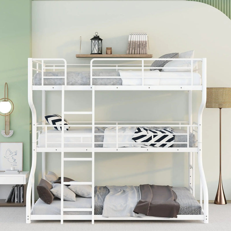 Industrial Triple Bunk Bed With Dual Ladders Frame, Space Saving Design by Unique Piece Furniture