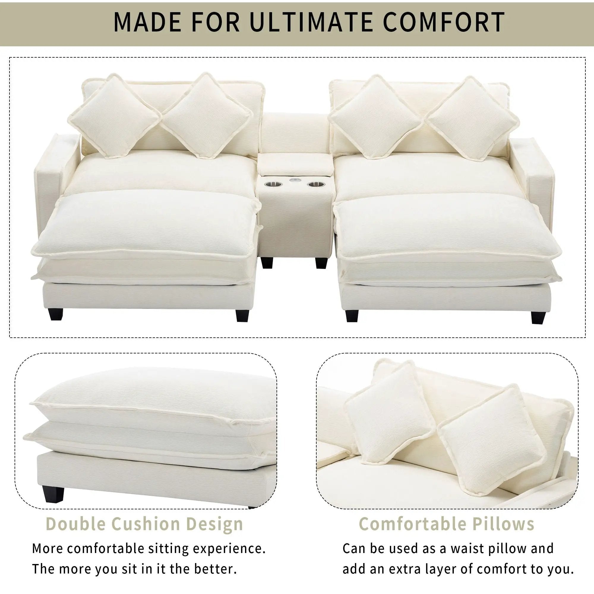 Sectional Sofa Upholstered Sofa With Two Removable Ottoman, Two USB Ports, Two Cup Holders And Large Storage Box For Living Room by Unique Piece Furniture