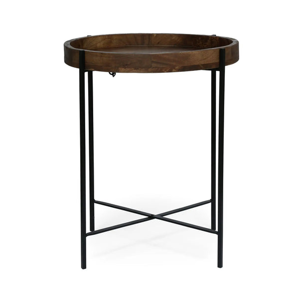 Modern Industrial Round End Table with Tray Top and Foldable Iron Legs - Natural