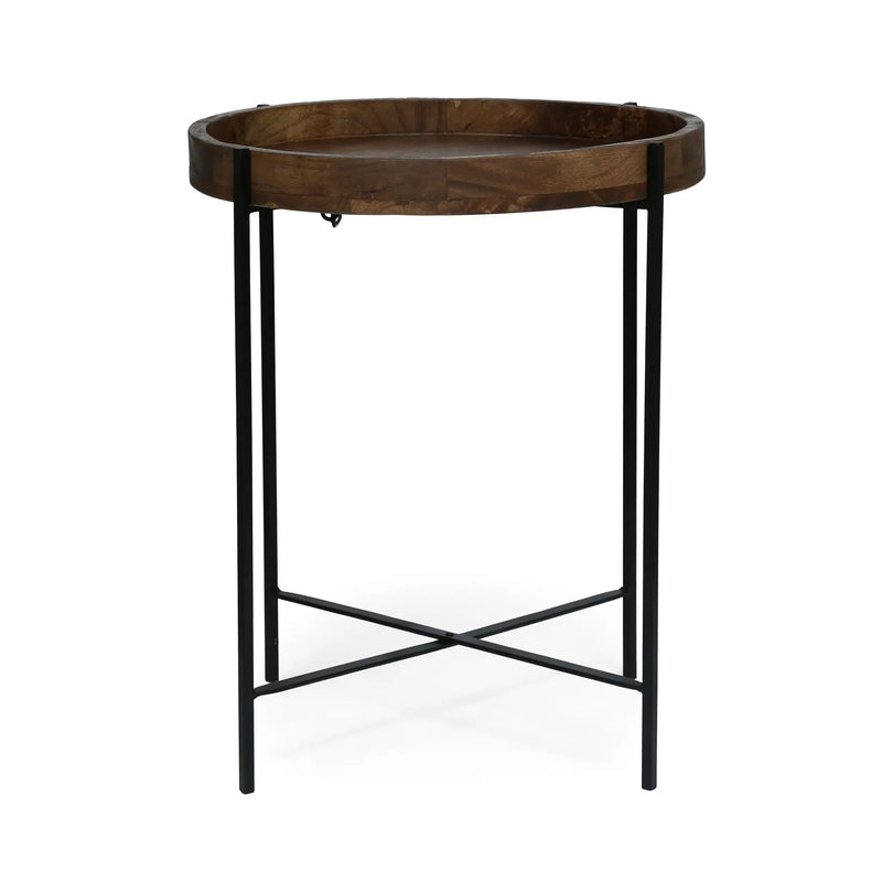 Modern Industrial Round End Table with Tray Top and Foldable Iron Legs - Natural by HouseOfZazla
