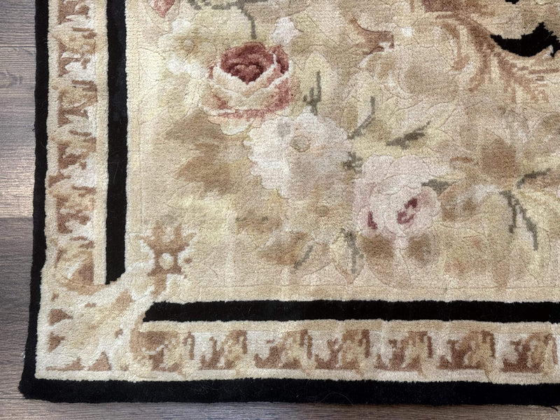 Chinese Aubusson Rug 6x9, Wool Pile, Black, Floral, Elegant by Jewel Rugs