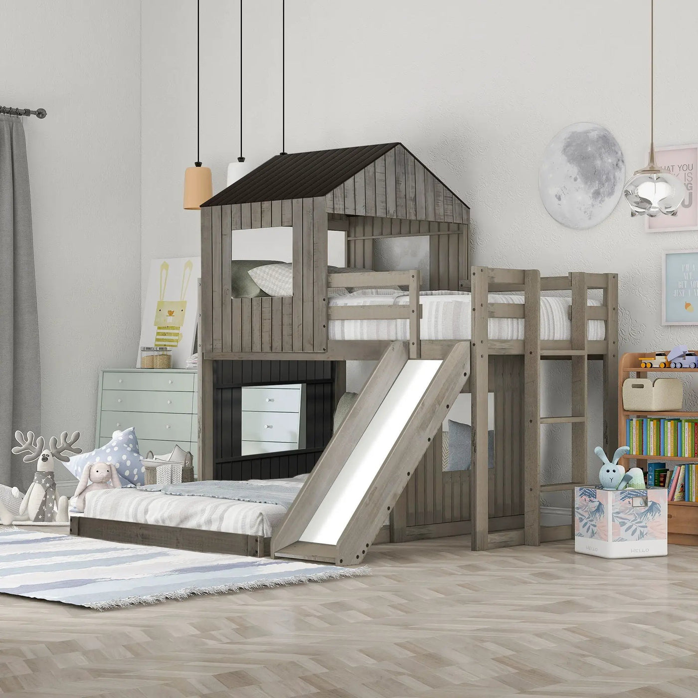 Loft Bunk Bed With Playhouse, Farmhouse, Ladder, Slide And Guardrails by HouseOfZazla