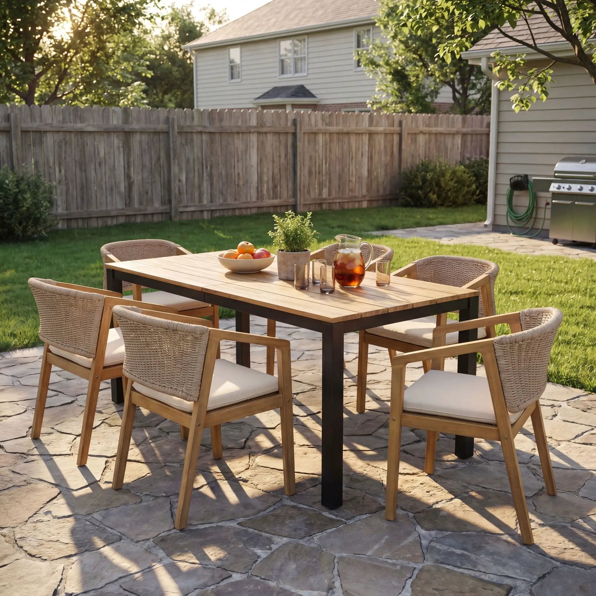 7 Piece Outdoor Dining Set With Table And 6 Chairs - Beige / Brown Mix / Light Teak / Teak by HouseOfZazla