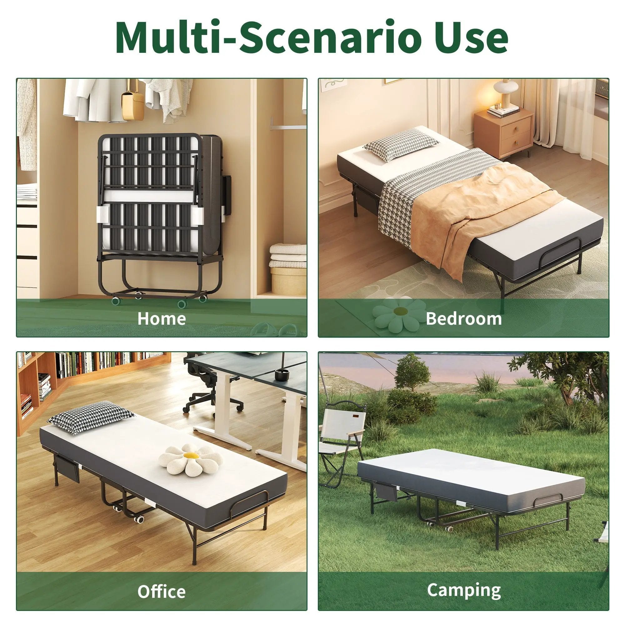 Twin Folding Bed With Memory Foam Mattress, Space Saving Rollaway Guest, On Wheels, Portable For Adults & Guests - Black by Unique Piece Furniture