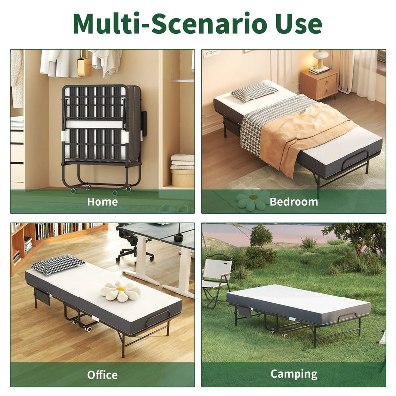 Twin Folding Bed With Memory Foam Mattress, Space Saving Rollaway Guest, On Wheels, Portable For Adults & Guests - Black by Unique Piece Furniture