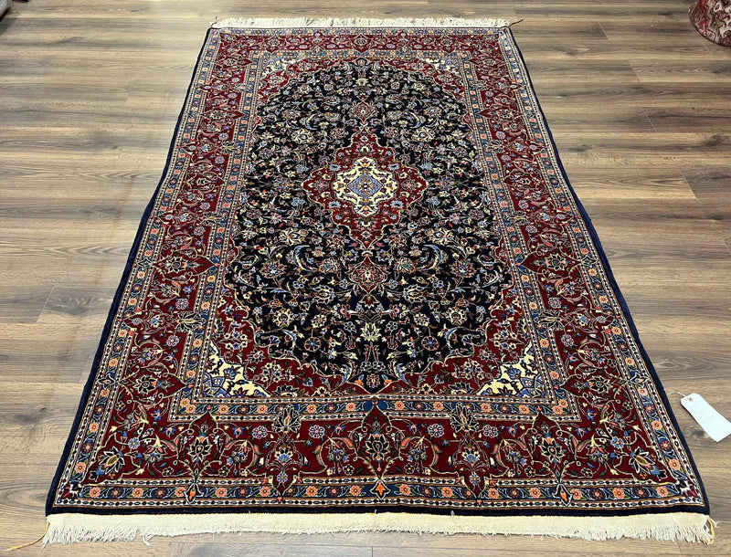 Dark Blue Persian Rug 5x8, Kork Wool Semi Antique Kashan Carpet, Very Fine Lachak Toranj Rug, Hand Knotted Floral Medallion Rug, 5 x 8 Oriental Rug by Jewel Rugs