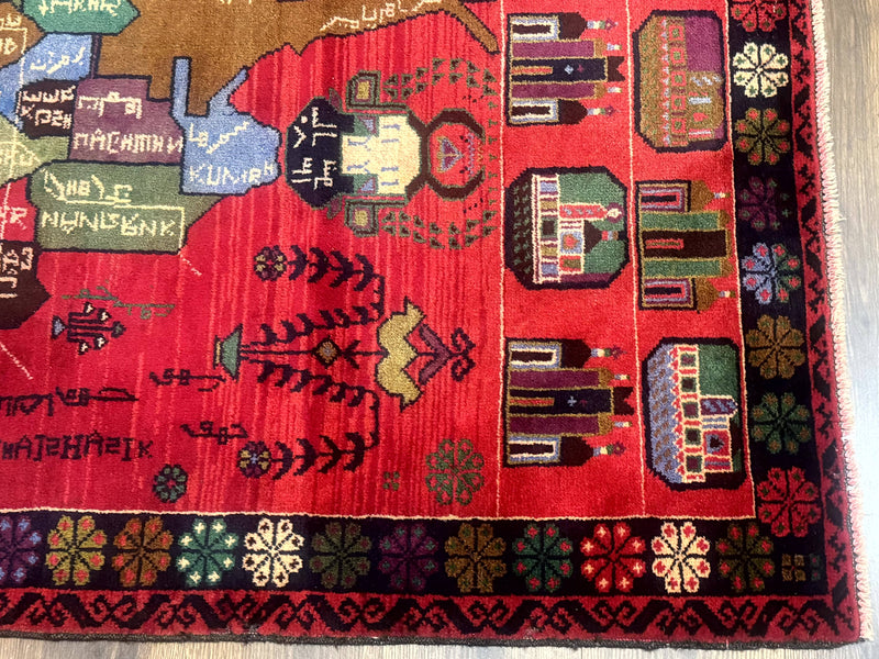 Afghan Rug 3x7, Map of Afghanistan, War Rug, Tribal Rug, Balouch Rug, New, Red by Jewel Rugs