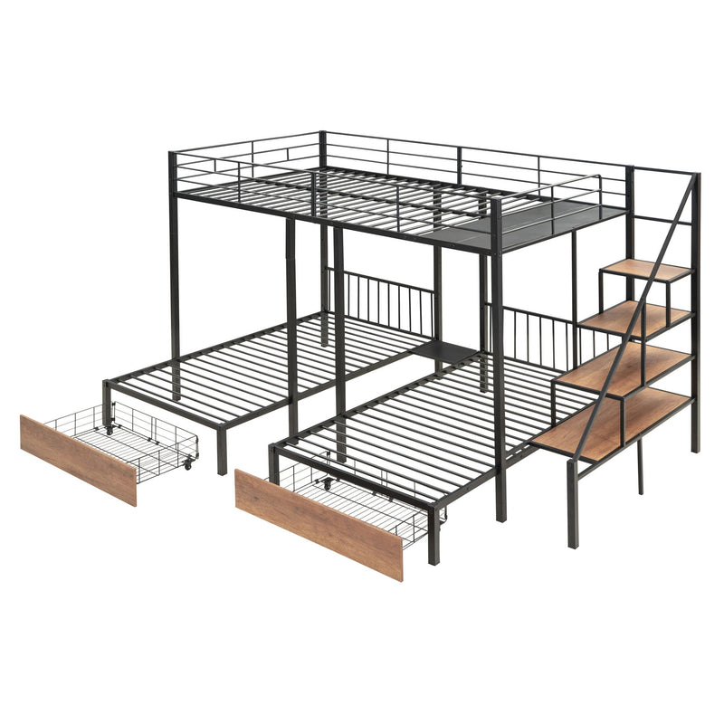 Full Over Twin-Twin Triple Bunk Bed With Drawers And Staircase - Black by HouseOfZazla