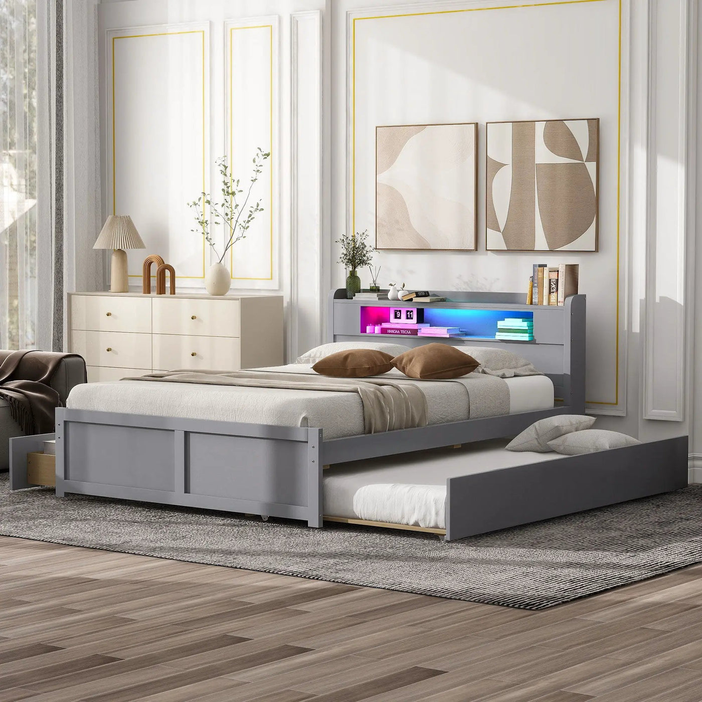 Storage Platform Bed With LED Lights, 2 Drawers And Trundle by Unique Piece Furniture